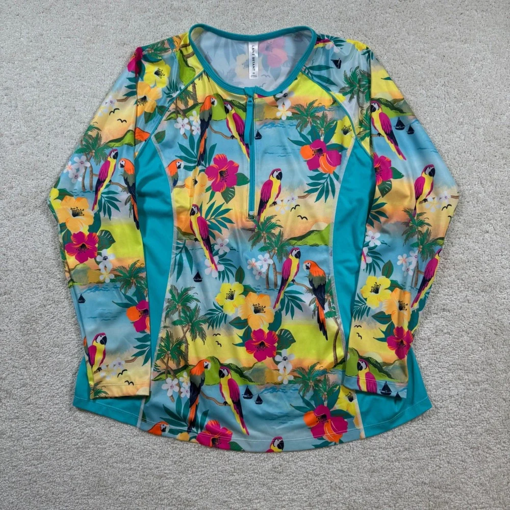 Lane Bryant Rash Guard Women Size 20 Tropical Parrot Floral Quarter Zip Swim Top